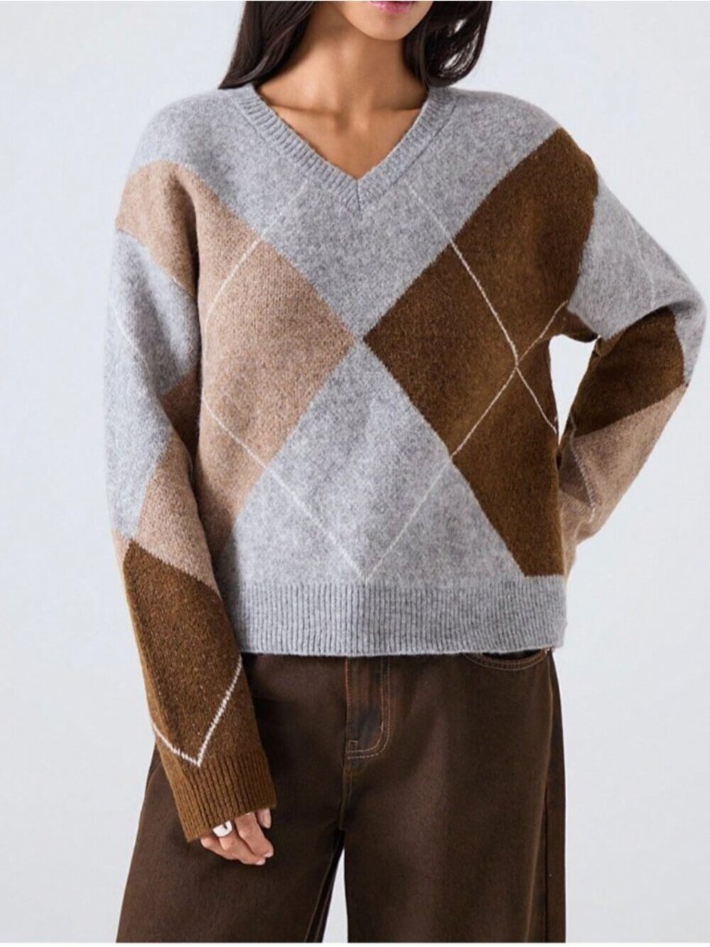 Oversized Argyle V-Neck Knit Sweater | Fall Pullover